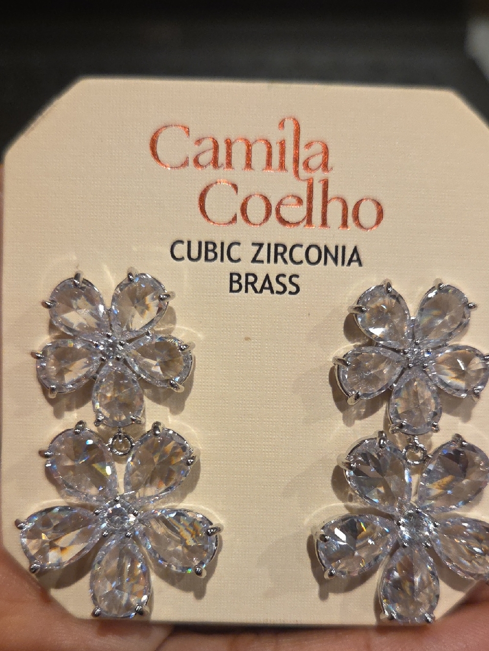 Camila Coelho Clear Crystal Floral Double Drop Earrings - Silver Tone